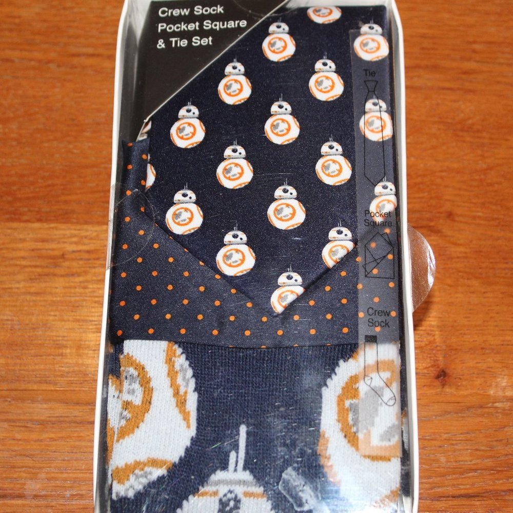 Disney Star Wars blue , white gold . One sz. Crew Socks, Pocket Square, Tie